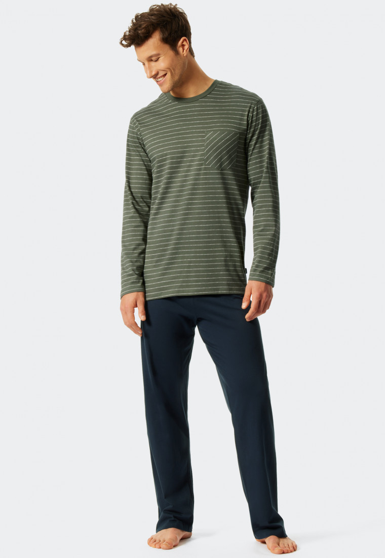 Long pajamas organic cotton crew neck stripes khaki / dark blue - Fashion Nightwear