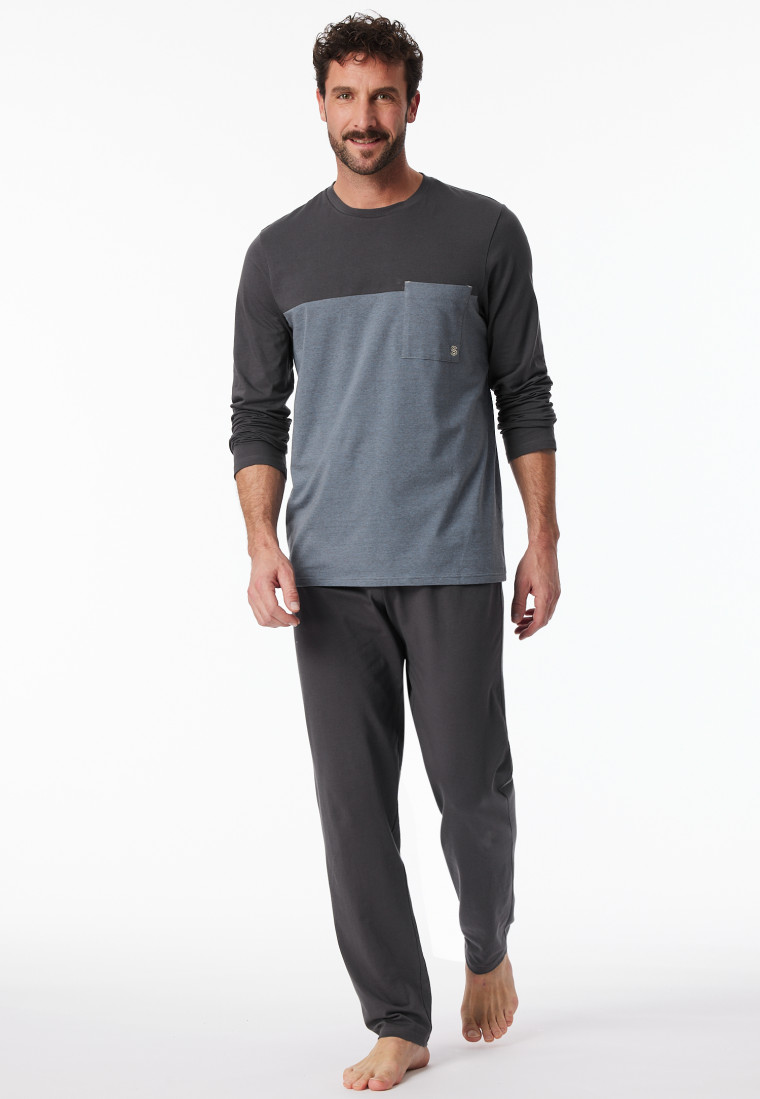 Pyjama lang Organic Cotton strepen borstzak antraciet - 95/5 Nachtkleding