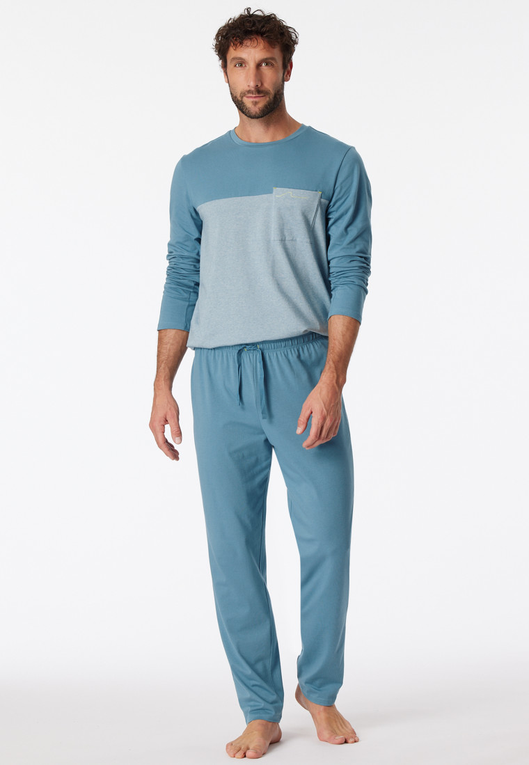 Pigiama lungo in cotone organico a righe tasca sul petto blu-grigio - 95/5 Nightwear