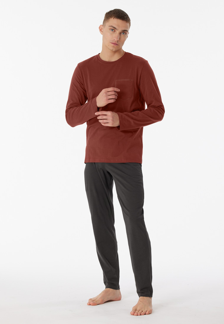 Pyjama lang biologisch katoen gestreept terracotta - 95/5 Nightwear