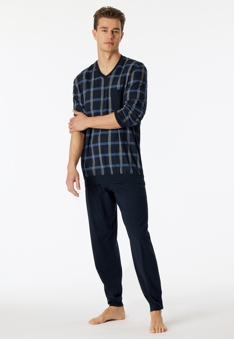 Pigiama lungo in Organic Cotton con scollo a V, polsini e tasca sul petto, blu notte a quadri - Comfort Nightwear