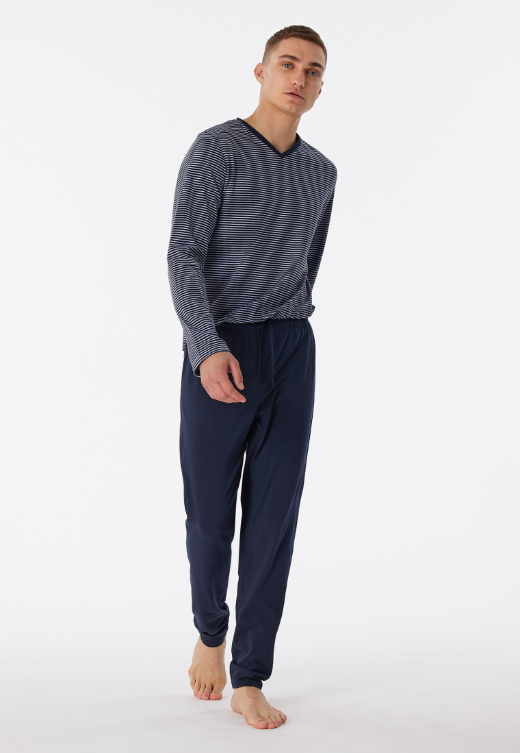 Pajamas long organic cotton V-neck stripes midnight blue - 95/5 Nightwear