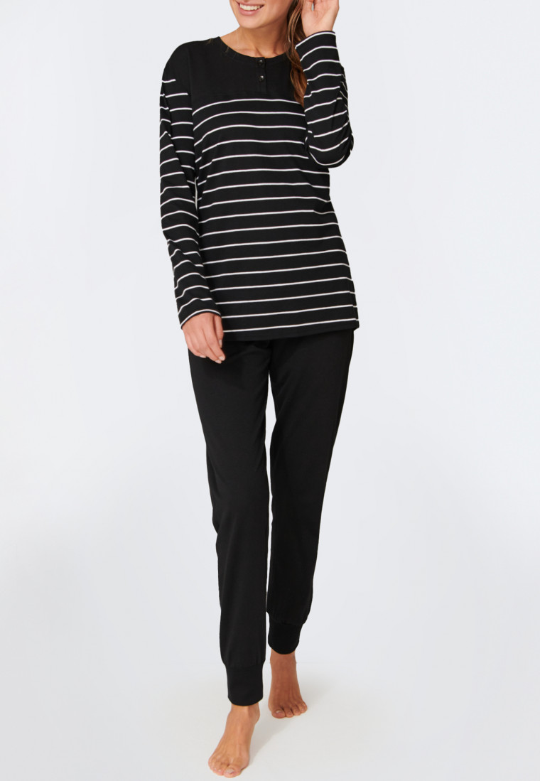 Schlafanzug lang Ringel Bündchen schwarz - Nightwear