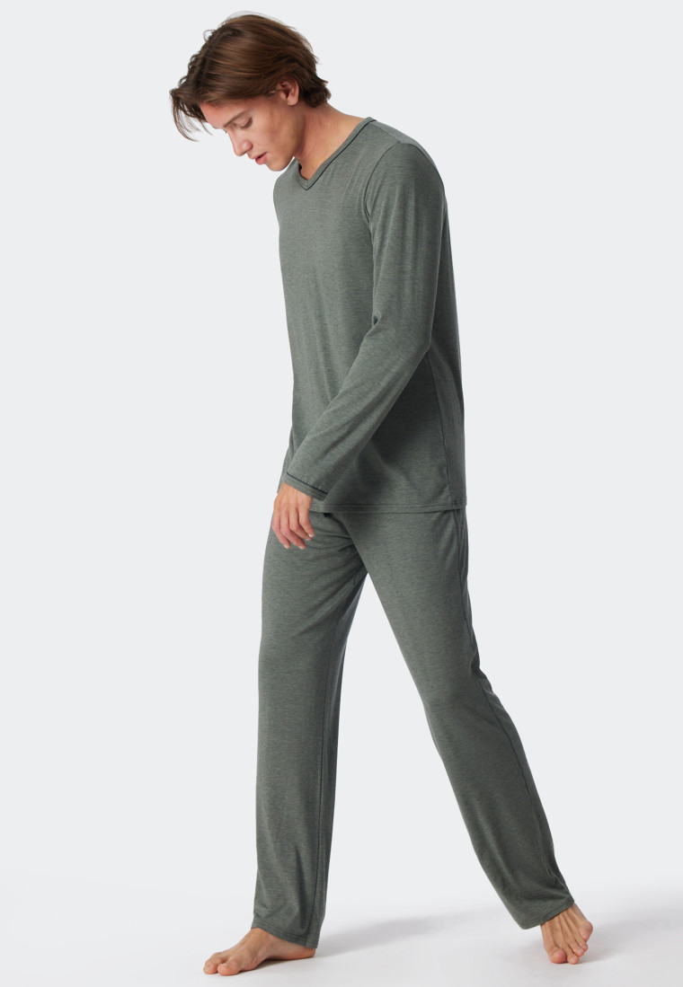 Pajamas long Tencel V-neck stripes jade - Selected! Premium
