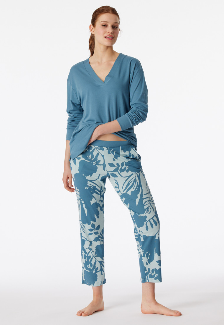 Pigiama lungo con scollo a V blu-grigio - Modern Nightwear