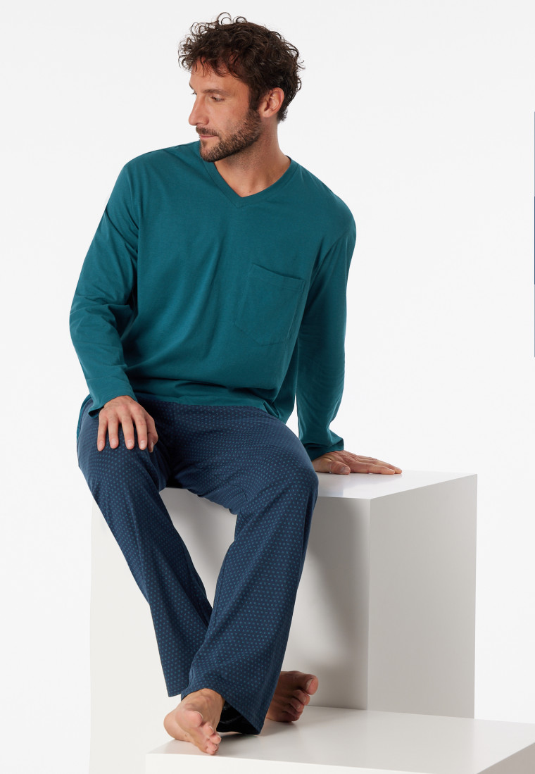 Schlafanzug lang V-Ausschnitt Brusttasche jeansblau gemustert - Comfort Essentials