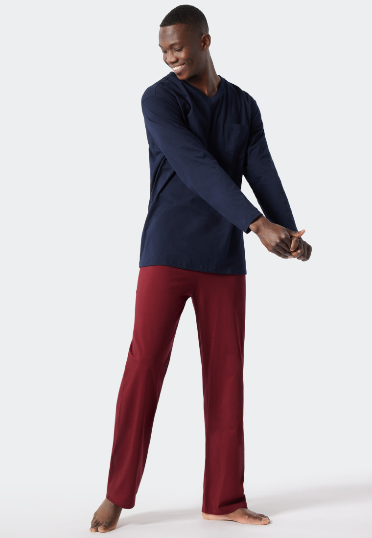 Pyjama long encolure en V à motifs bordeaux/bleu foncé - Essentials Nightwear
