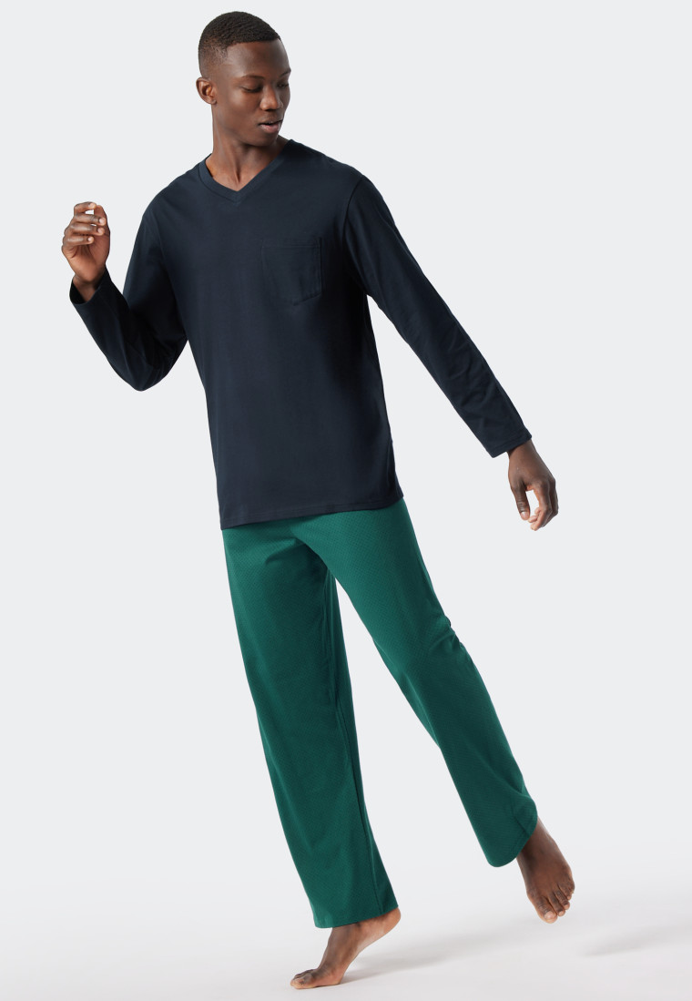 Schlafanzug lang V-Ausschnitt gemustert dunkelgrün/dunkelblau - Essentials Nightwear
