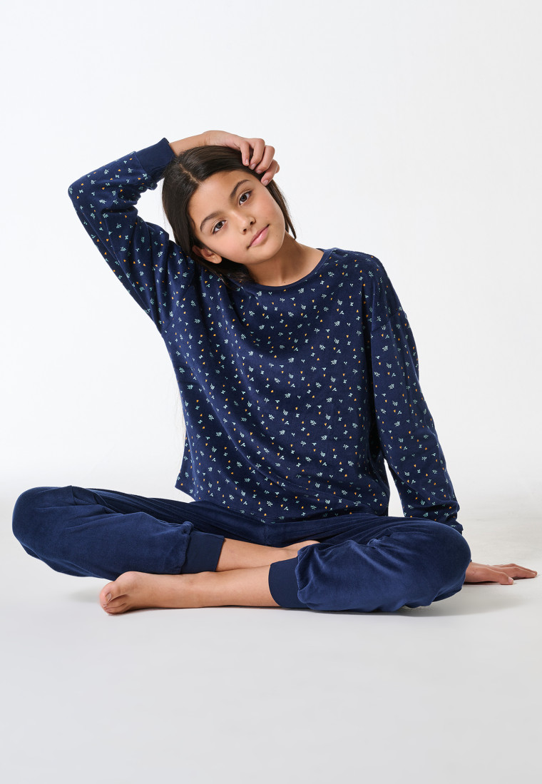 Pigiama lungo in velluto Mille Fleur blu scuro - Teens Nightwear
