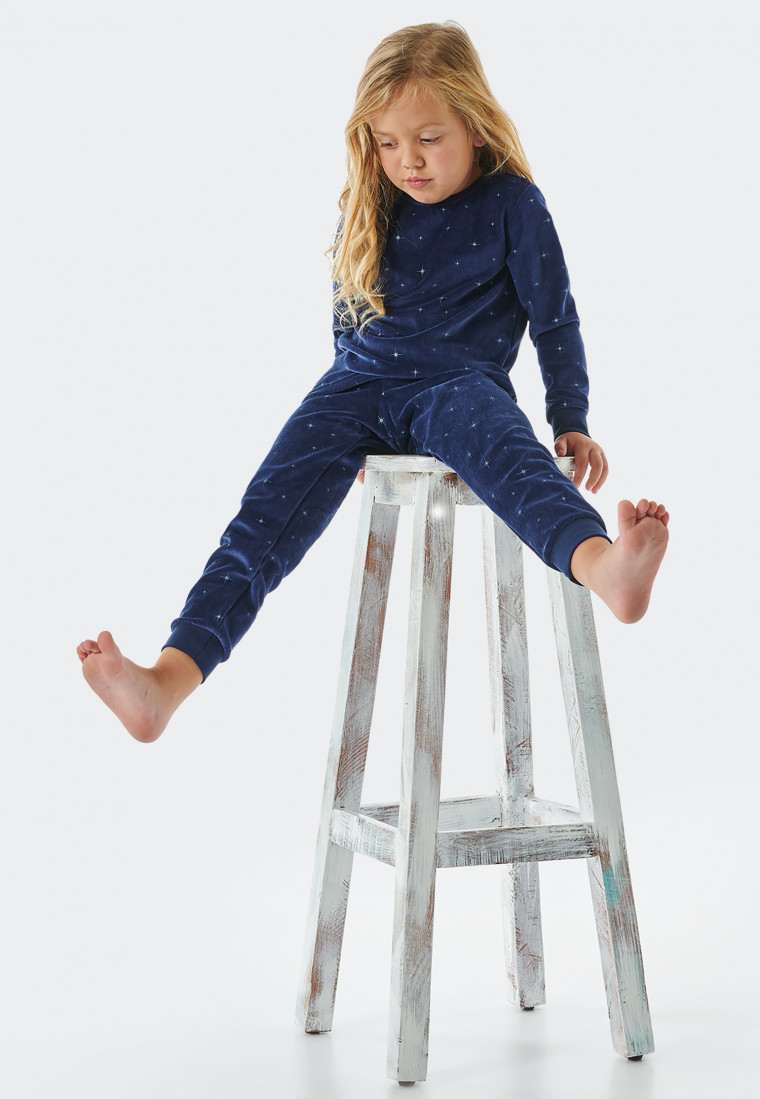 Schlafanzug lang Velour Bündchen Sterne nachtblau - Girls World