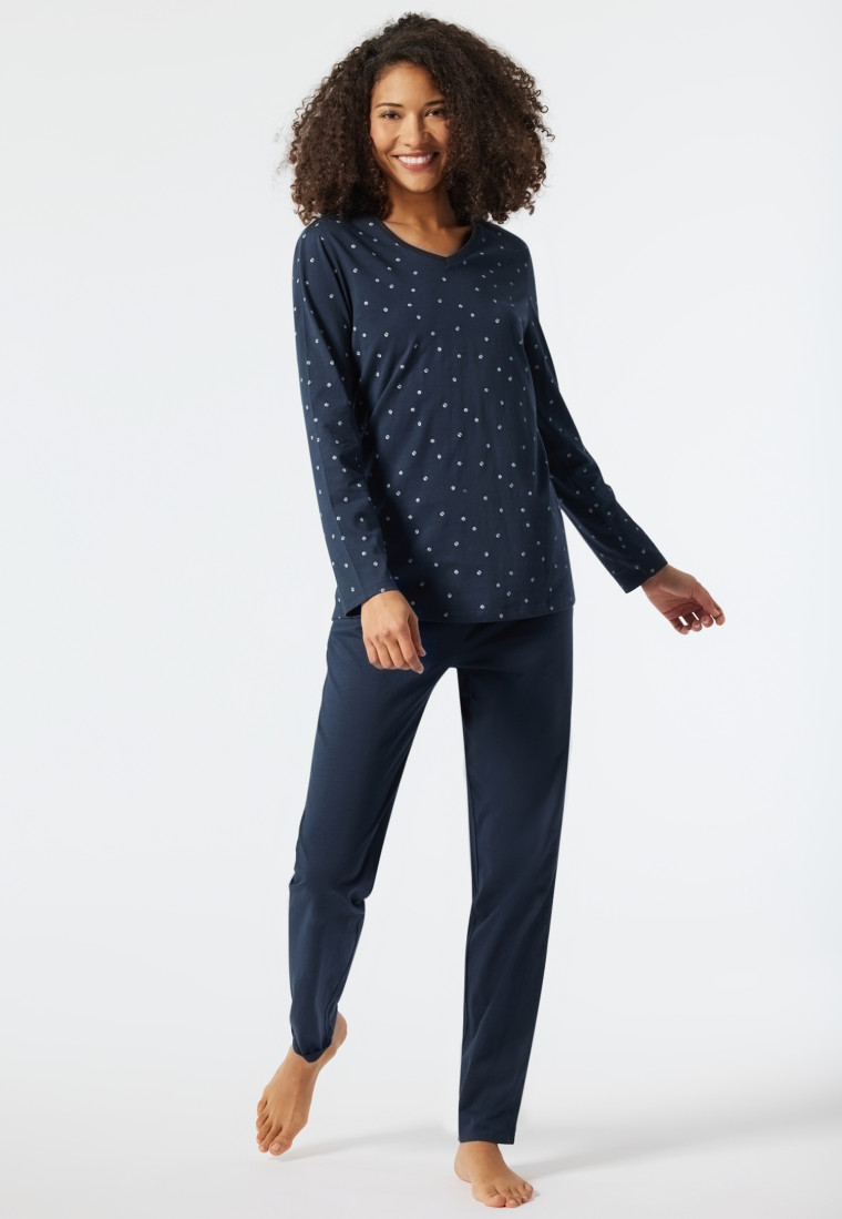 Pajamas long wider cut V-neck minimal print dark blue - Essentials Comfort Fit