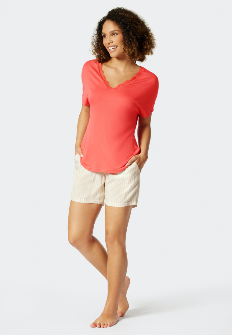 Shirt short-sleeved modal V-neck lace coral - Mix & Relax