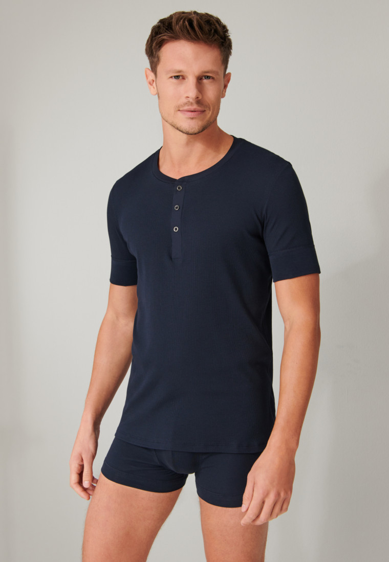 Shirt kurzarm Doppelripp Organic Cotton Knopfleiste dunkelblau - Retro Rib