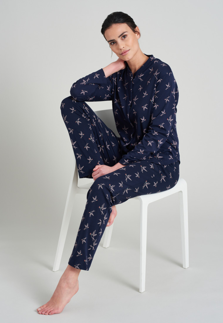 Shirt long-sleeved interlock button placket stand-up collar all-over print dark blue patterned - Mix & Relax