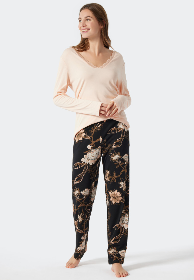 Shirt lange mouwen interlock V-hals kant abrikoos - Mix+Relax