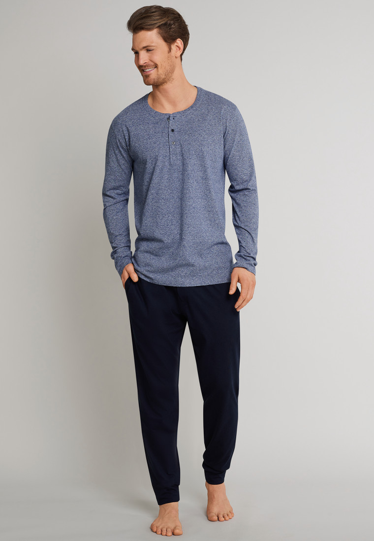 T-Shirt chiné bleu foncé à manches longues avec une patte de boutonnage - Mix & Relax