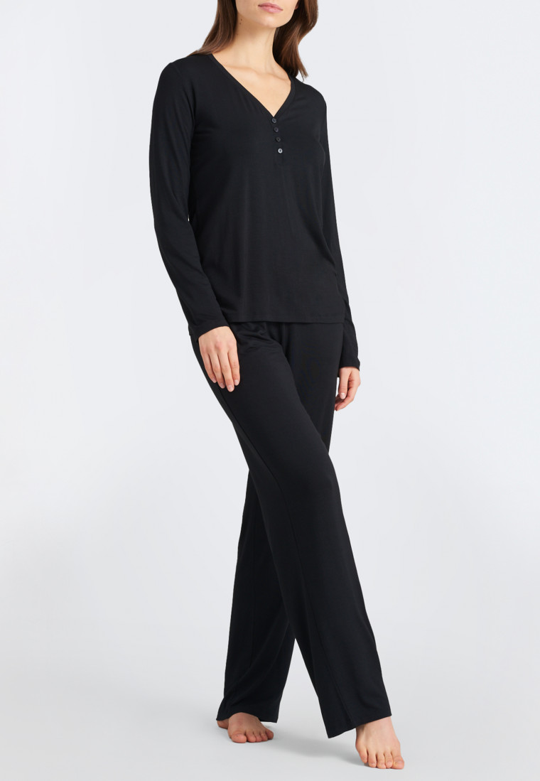 Shirt long-sleeved modal V-neck button placket black - Mix & Relax