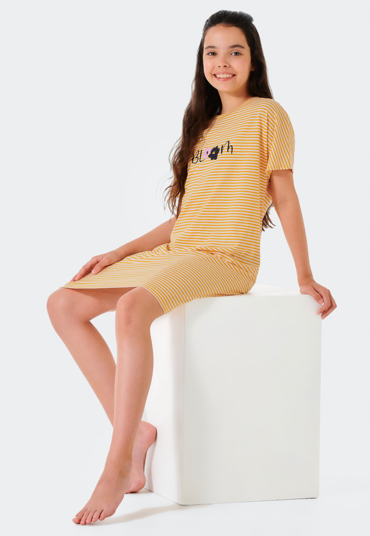 Chemise de nuit manches courtes coton biologique rayures fleurs jaunes - Happy Summer