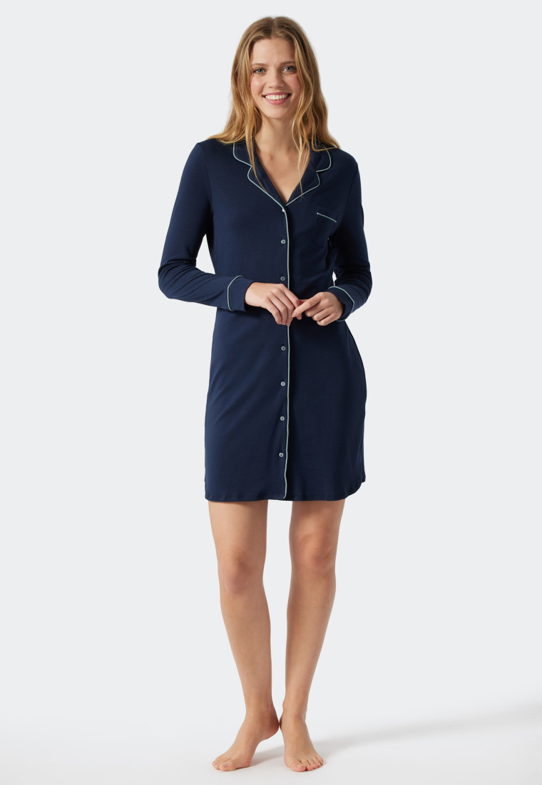Sleepshirt langarm Interlock Knopfleiste Paspeln dunkelblau - Contemporary Nightwear