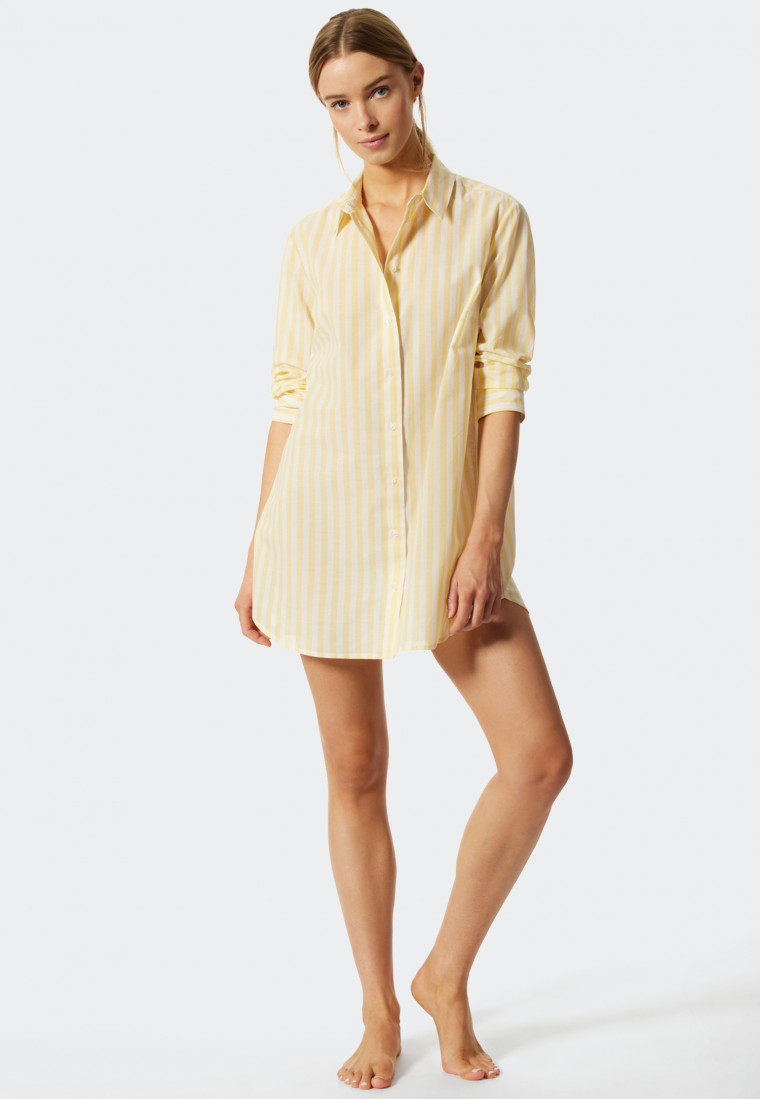 Sleep shirt long-sleeved woven fabric button placket stripes yellow -  Pyjama Story