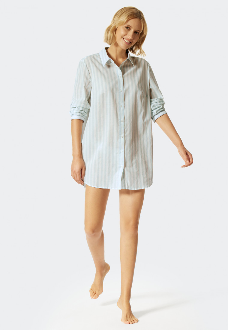Chemise de nuit tissée manches longues patte de boutonnage rayures bleu clair - Pyjama Story