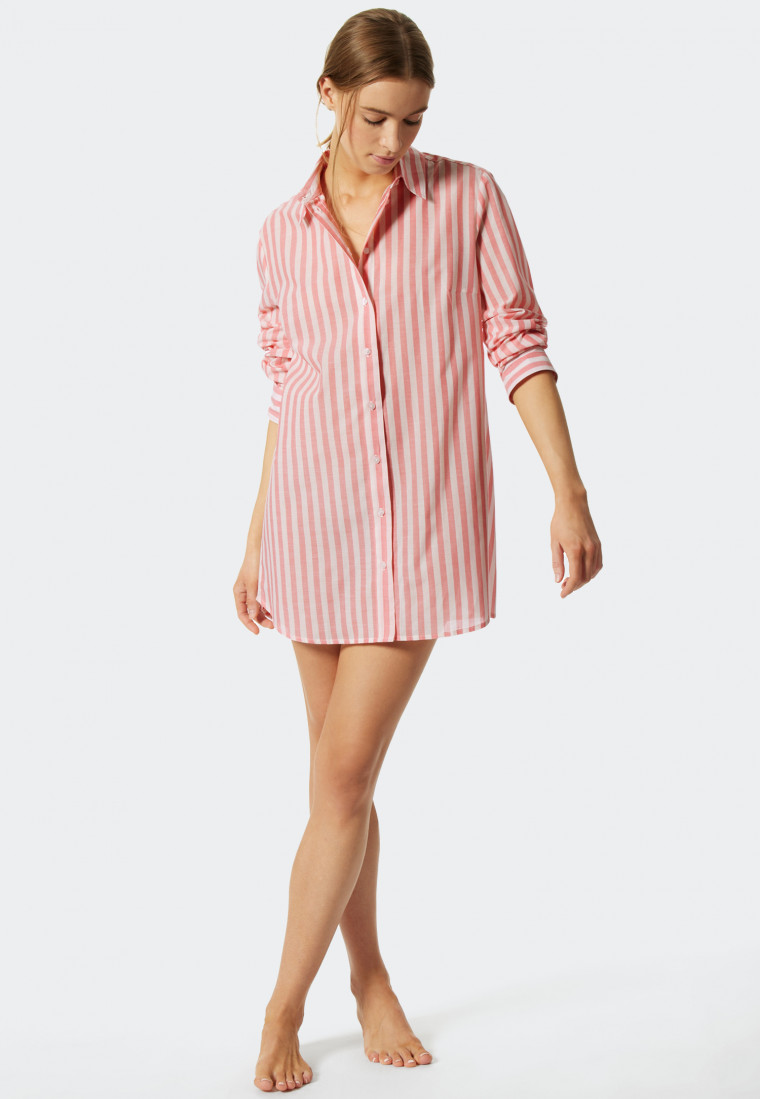 Chemise de nuit tissée manches longues patte de boutonnage rayures corail - Pyjama Story