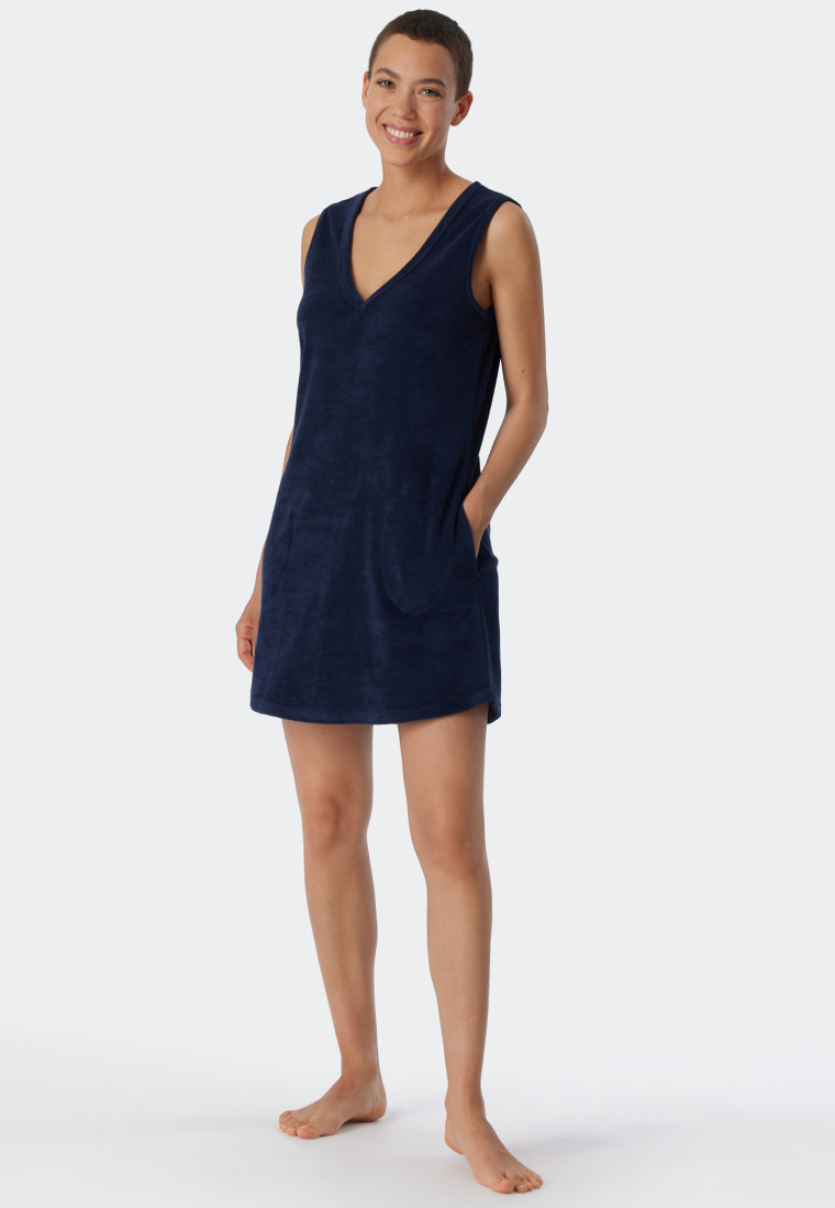 Beach dress terry cloth V-neck pockets dark blue - Aqua Beachwear