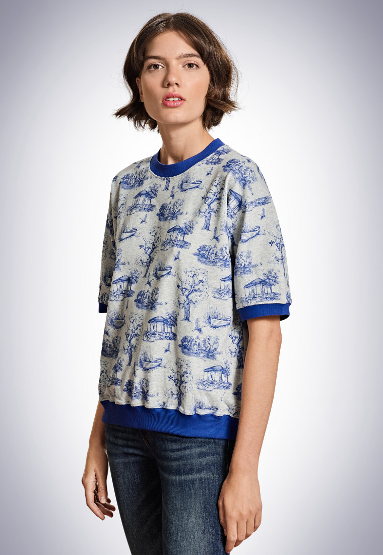 Sweat manches courtes indigo / gris chiné - Revival Merle