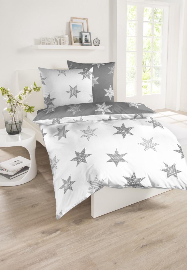 Reversible bed linen 2-piece flannelette stars light gray - SCHIESSER HOME
