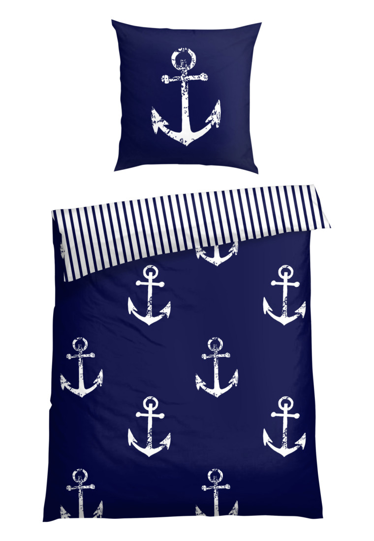 Reversible bed linen 2-piece renforcé anchor stripes navy/white - SCHIESSER Home