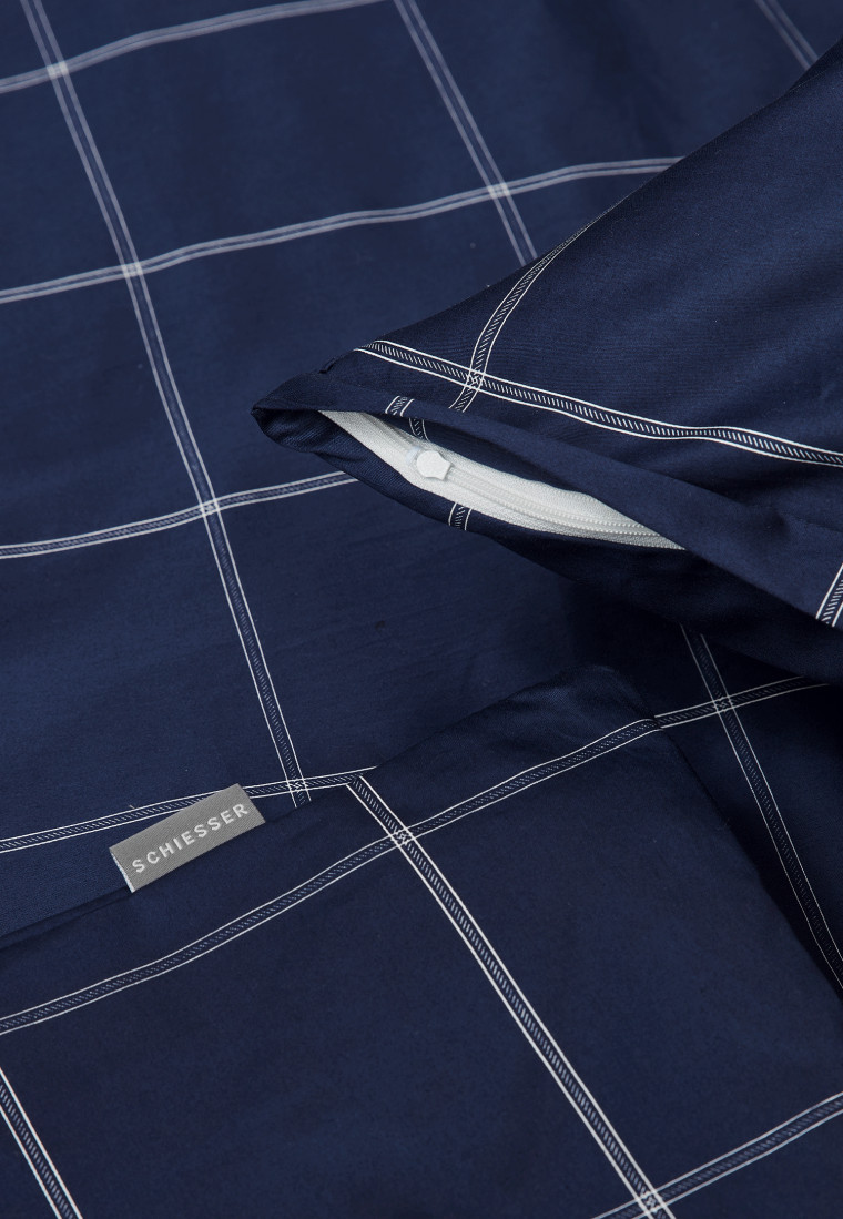 Tweedelige set bedlinnen satijn donkerblauw geruit - Schiesser Home