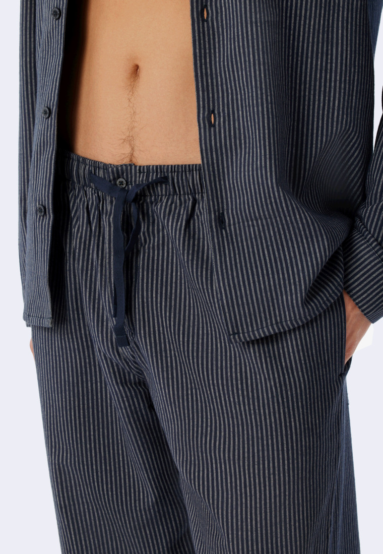 Pajamas long woven flannel button placket striped blue/gray - Pyjama Story