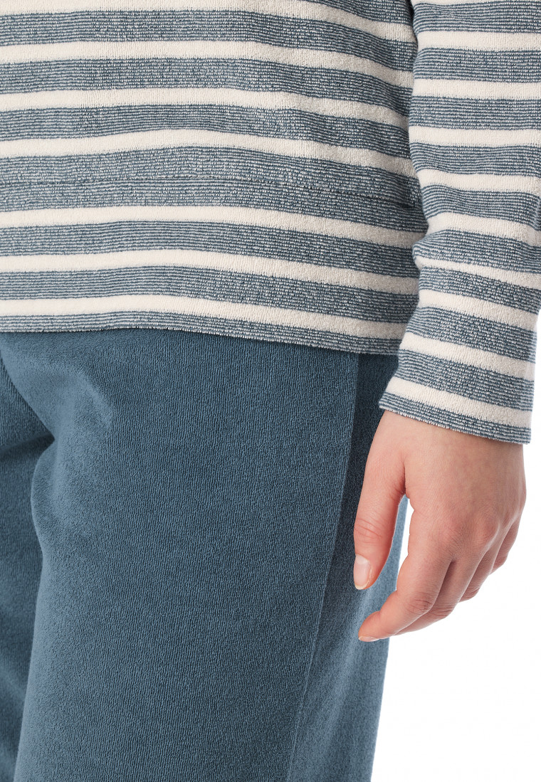 Schlafanzug lang Frottee Bündchen Ringel jeansblau - Casual Essentials