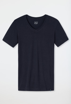 Short-Sleeve Jersey Shirt, Elastic, V-Neck, Blue-Black - Long Life Soft