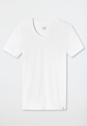 Short-Sleeve Jersey Shirt, Elastic, V-Neck, White - Long Life Soft