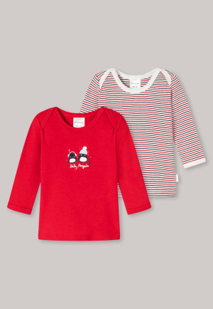 Lot de 2 T-shirts à manches longues unisexes pour bébé à rayures en coton bio côtelé avec pingouin multicolore - Baby Unisex