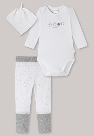 Ensemble bébé 3 pièces Coton côtelé bio Body Pantalon Vario Doudou blanc/gris clair - Original Classics