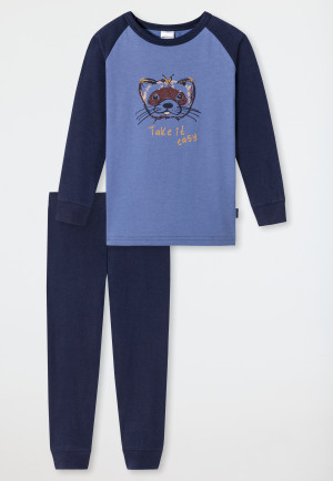 Pyjama long coton bio bords-côtes raton laveur bleu - Natural Love