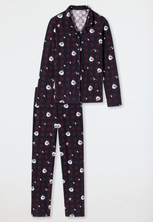 Pajamas long organic cotton button placket checks polar bear burgundy - Pyjama Story