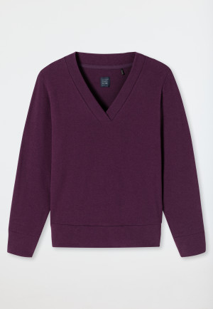 Sweatshirt long-sleeved double rib brushed V-neck plum - Mix+Relax