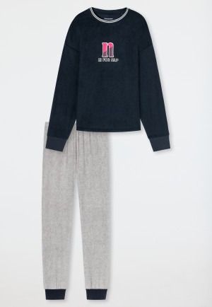 Schlafanzug lang Fleece Bündchen nachtblau - Teens Nightwear