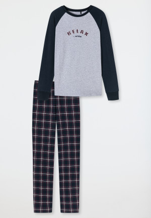 Schlafanzug lang Interlock Organic Cotton Karos grau-meliert - Teens Nightwear