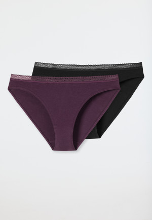 Confezione da 2 slip Rio in pizzo, nero/prugna - Cotton Lace