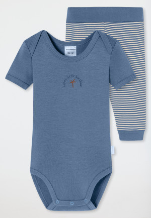 Baby set 2-piece fine rib short-sleeved body pants palm tree light blue - Natural Love