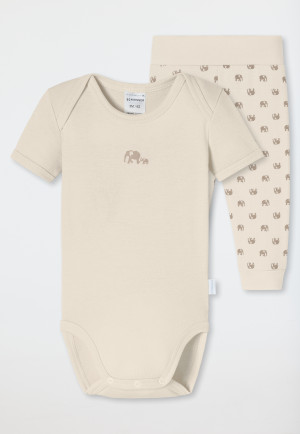 Baby set 2-piece fine rib short-sleeved bodysuit pants elephants cream - Natural Love