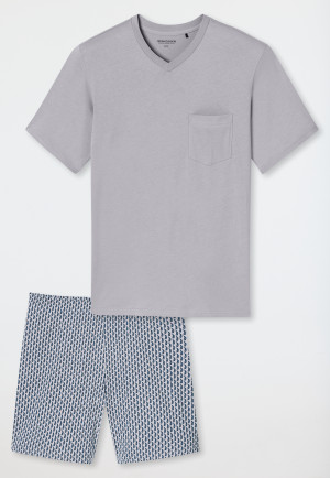 Short pyjamas V-neck chest pocket silver patterned - Comfort Essentials