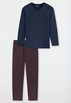 Pyjamas long V-neck chest pocket red-brown patterned - Comfort Essentials