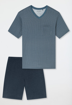 Schlafanzug kurz Organic Cotton V-Ausschnitt Brusttasche graphit kariert - Comfort Nightwear