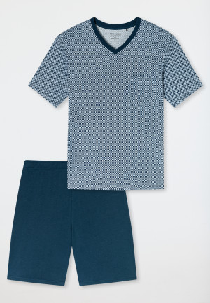 Short pyjamas Organic Cotton V-neck chest pocket Air chequered - Comfort Nightwear
