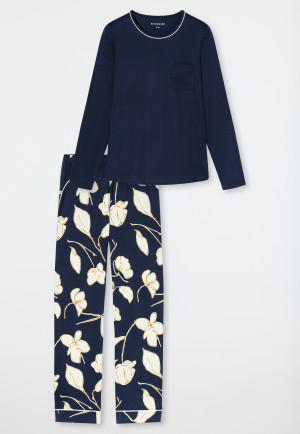 Schlafanzug lang Blumen deep sea blue - Comfort Nightwear